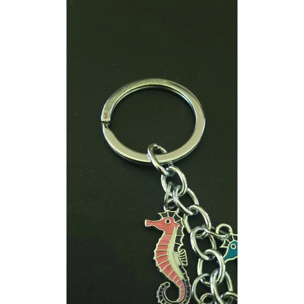 Colorful Enamel Seahorse Charm Keychain Silver Tone Ocean Beach Coastal 4.5in
